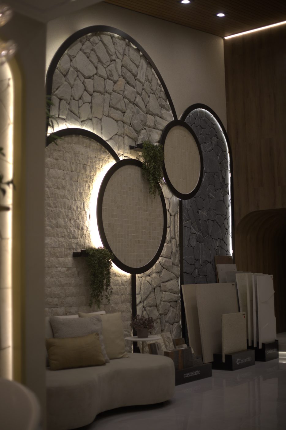 Cor e Piso: composição em arco com iluminação embutida